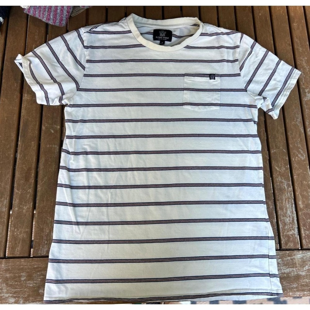 Flying Point Surf & Sport Mens Small Striped Crewneck Shirt Cream Maroon Gray